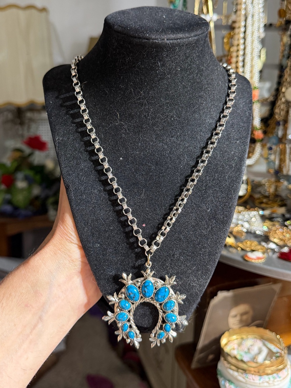 Vintage ART Silver Tone Faux Turquoise Crescent Pendant Necklace